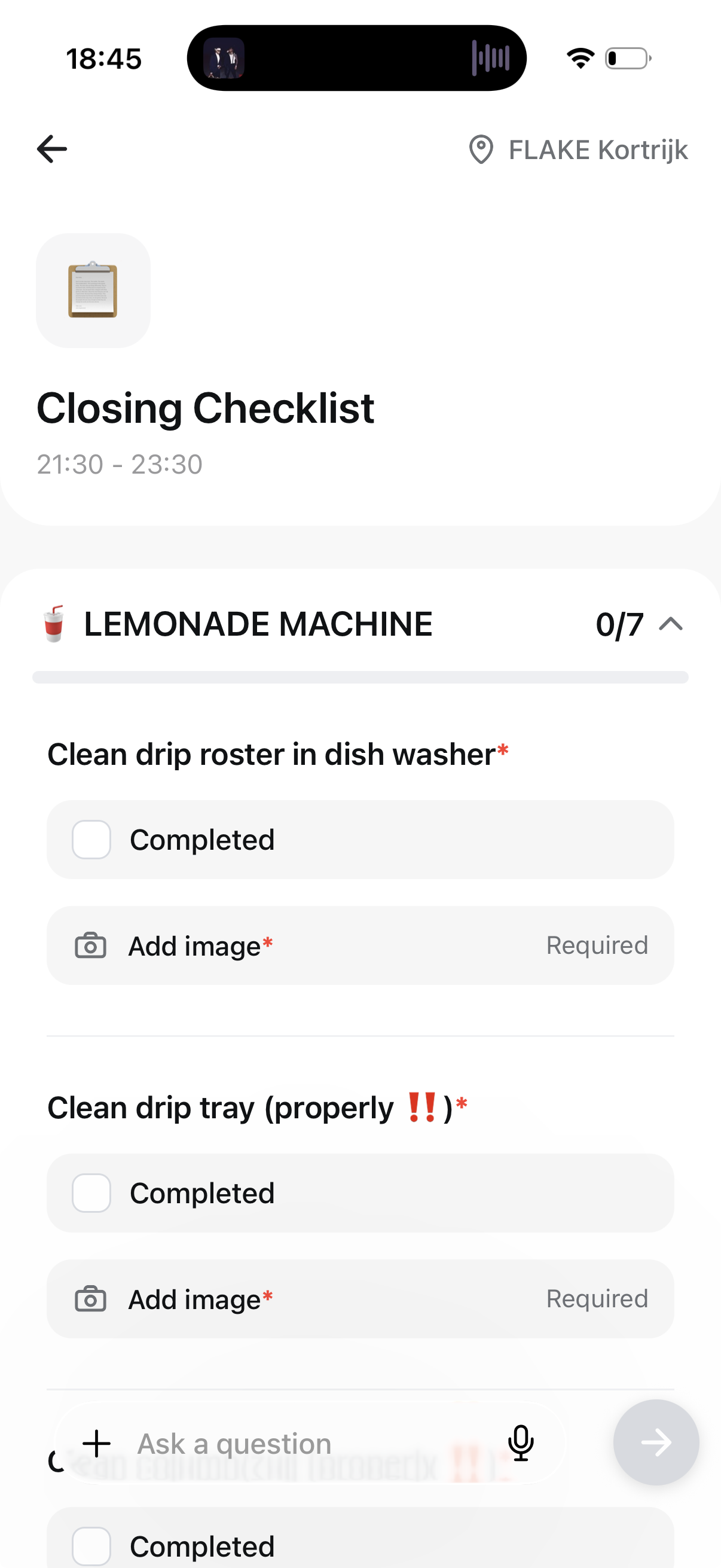 A closing checklist on a phone, with each check signed off as the shift finishes it.