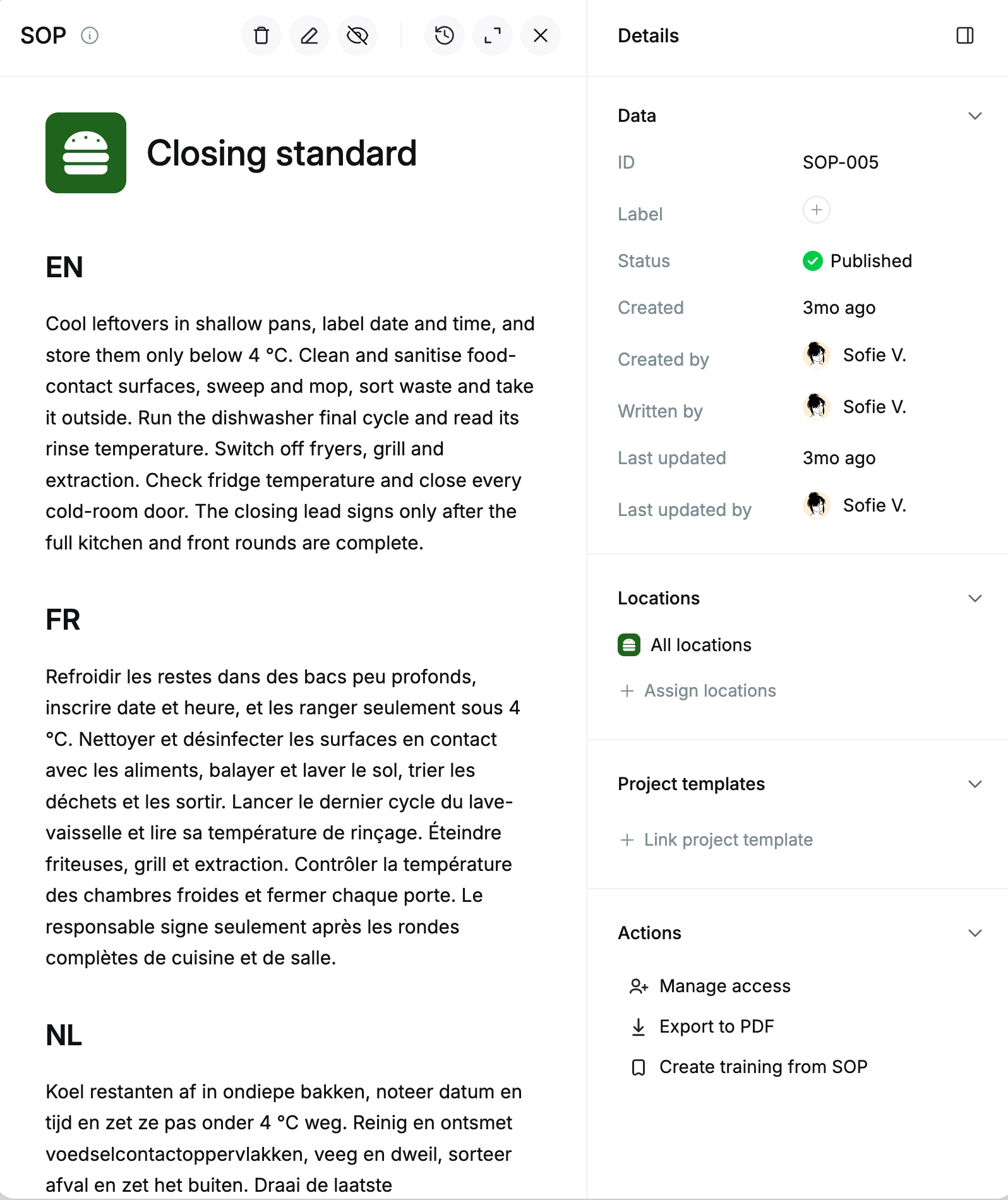 A closing standard open in English and French, with its locations and edit history beside it.